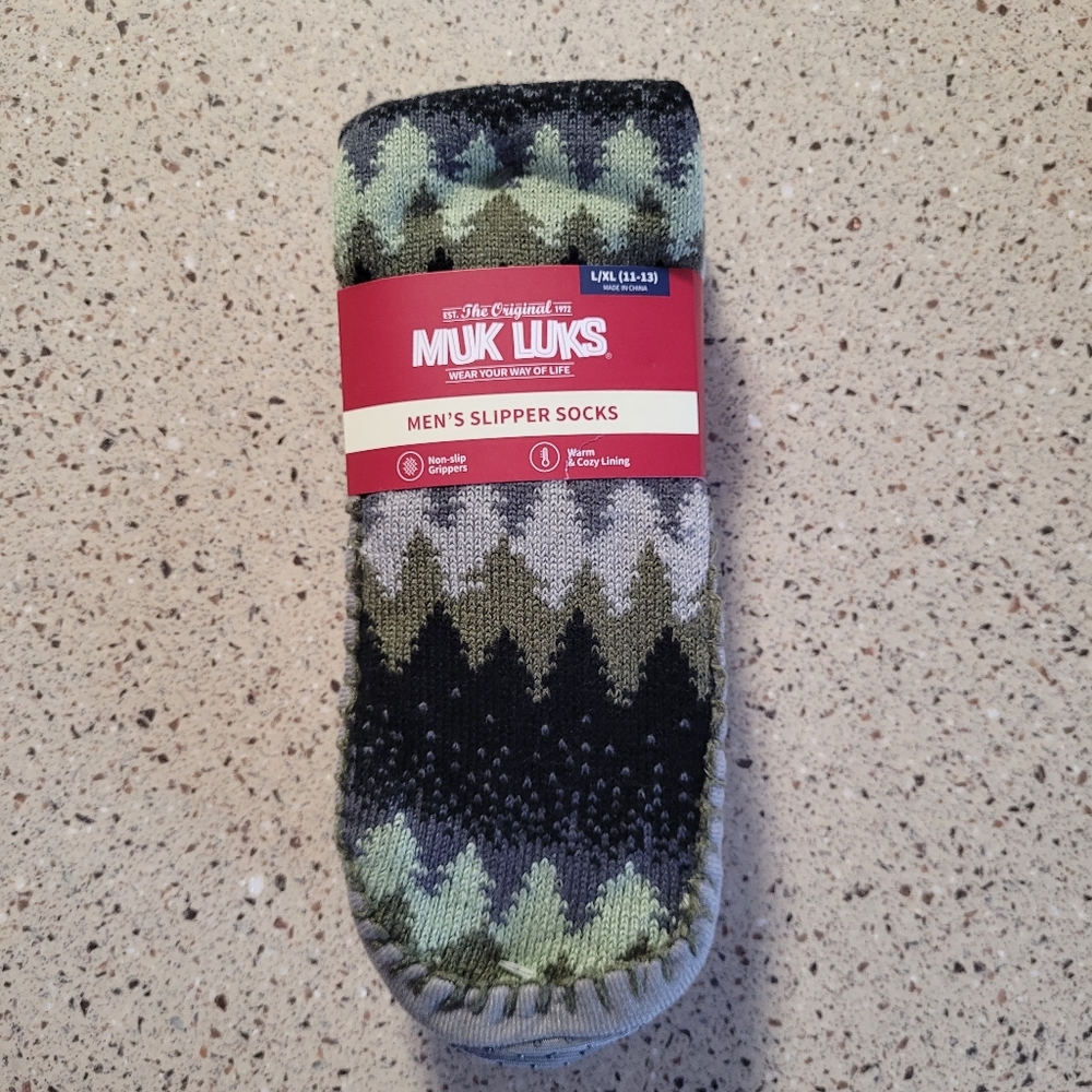 MUK LUKS Mens Size L/XL 11-13 Slipper Socks Cozy Warm Lining Gripper Dots Sole